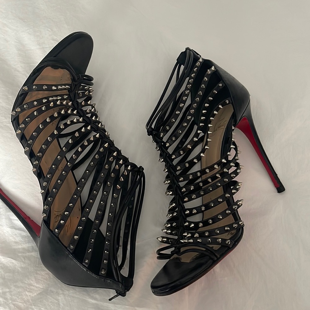 Christian Louboutin leather spiked peep toe bootie